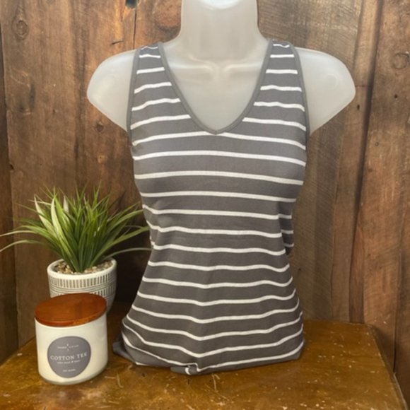 Soho Apparel Grey and White Stipe Tank Top - Picture 4 of 12